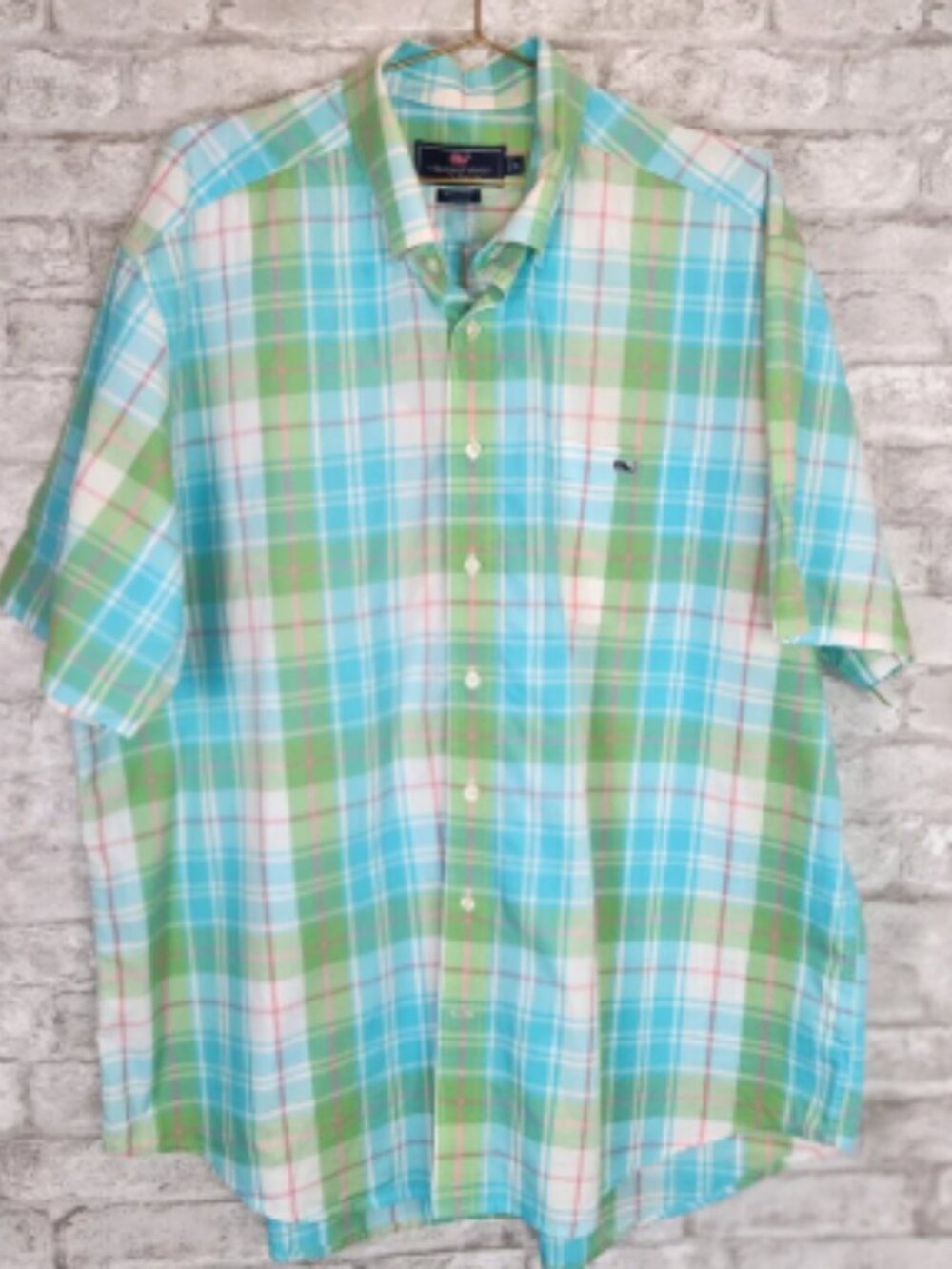 Vineyard Vines Whale Shirt Pastel Plaid Short Sleeve Cotton‎ Preppy XL
